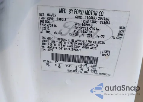 2005 Mercury Mariner Luxury/Premier z USA, uszkodzony, nr VIN 4M2YU56185DJ29568